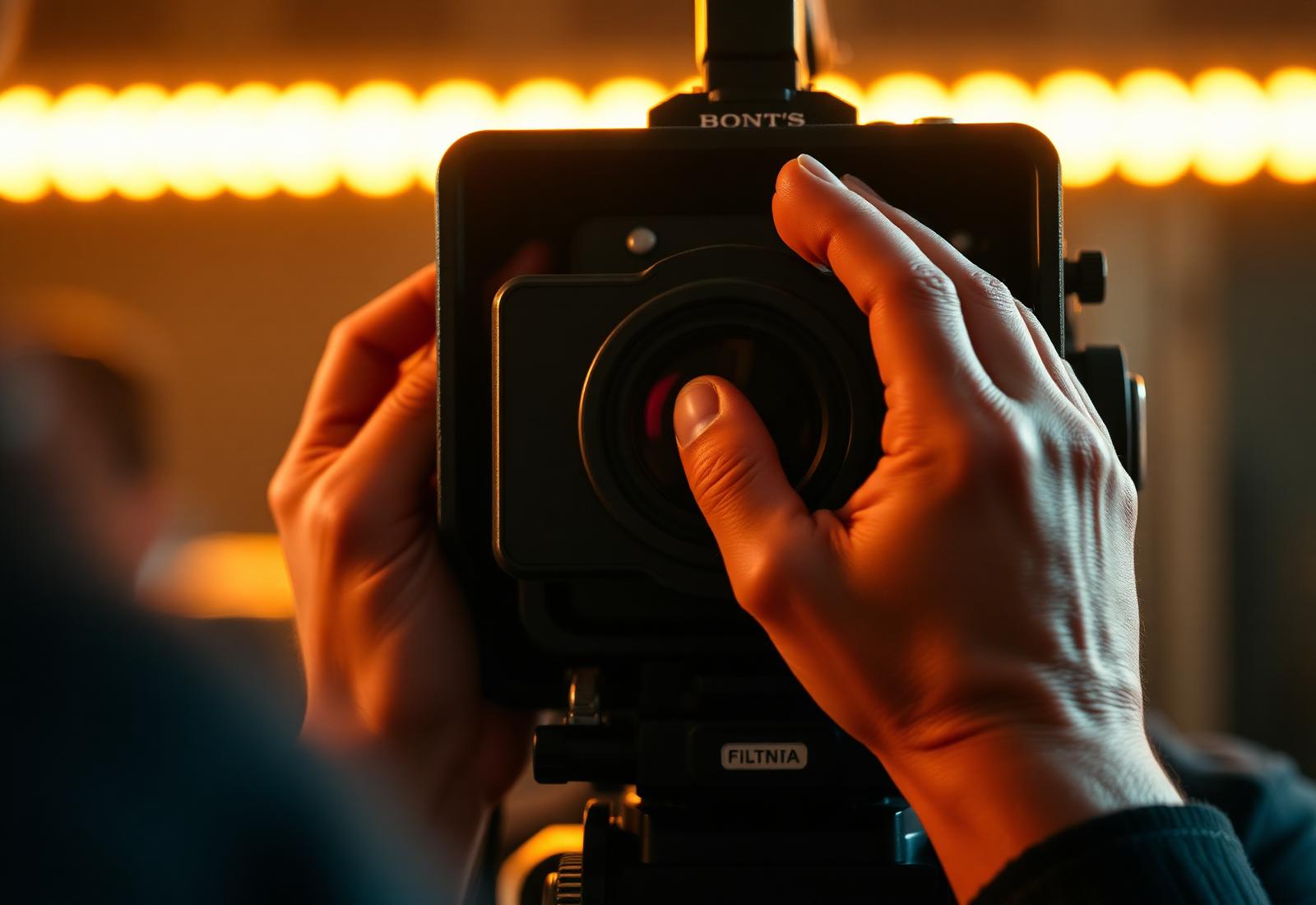 A director's hands on a cinema camera in warm tungsten light.
