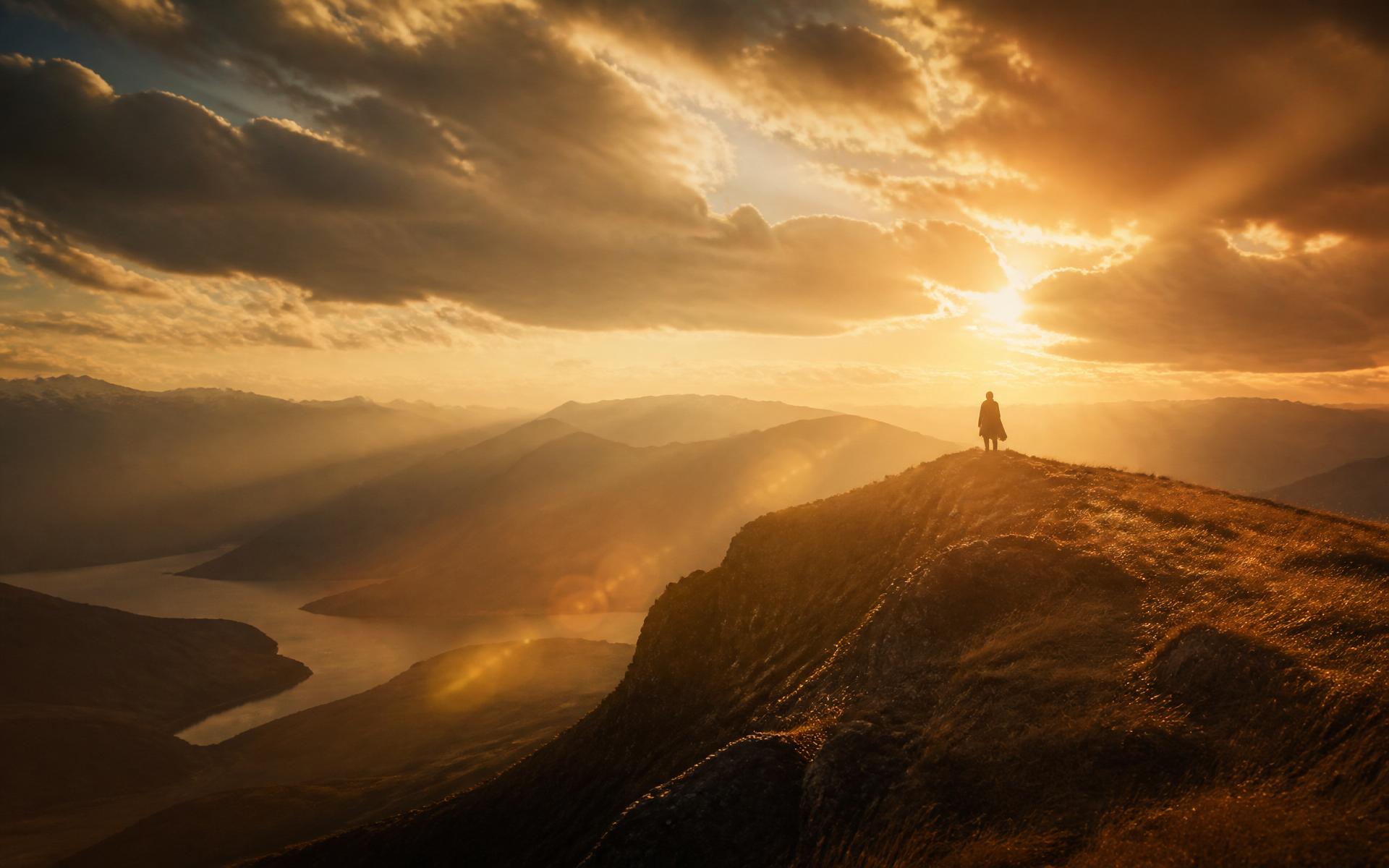 A lone figure at the crest of a sunlit ridge — a cinematic still evoking hope and horizon.